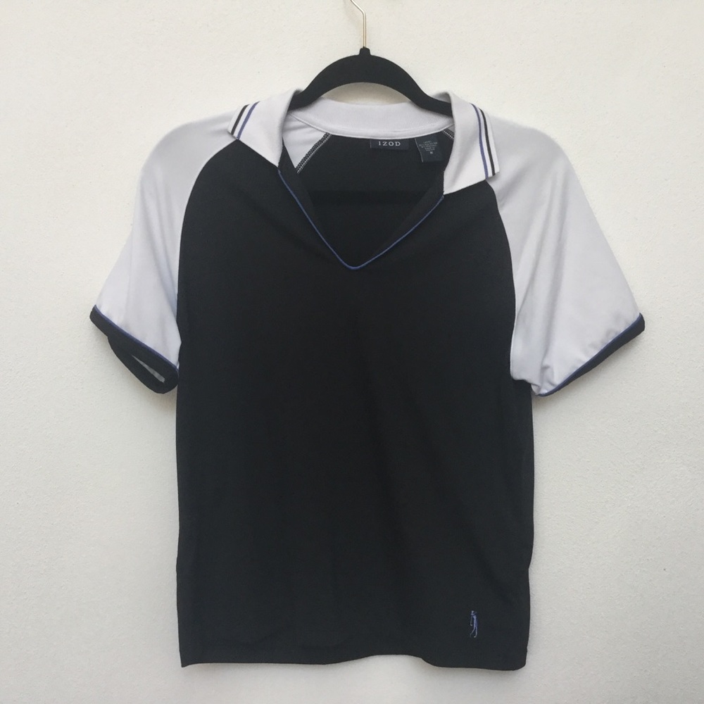 Izod White, Black, Blue Collared V-Neck Golf Shirt Size Medium Preppy Outdoor